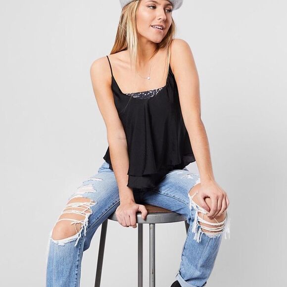 Free People Turn It On Sequin Halter Satin Camisole Tank Top Black Small - Picture 2 of 13